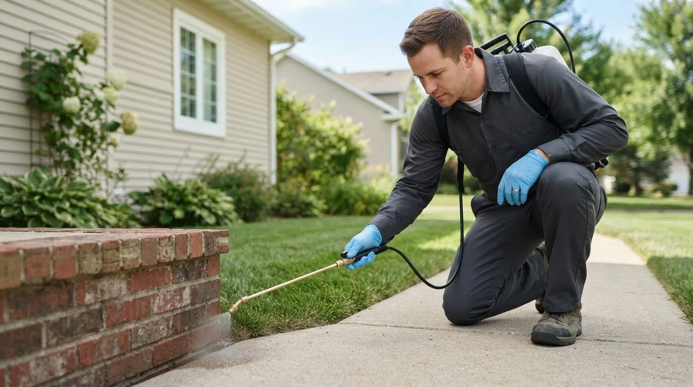 Pest control technician treating a home near Greentown, OH